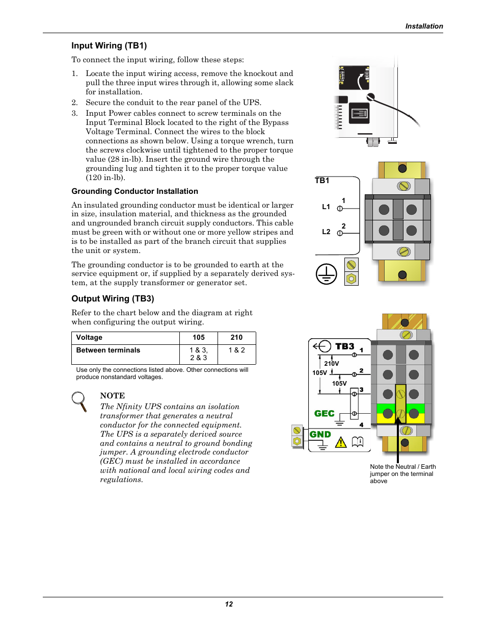 Input wiring (tb1), Output wiring (tb3) | Liebert NfinityTM User Manual | Page 16 / 44