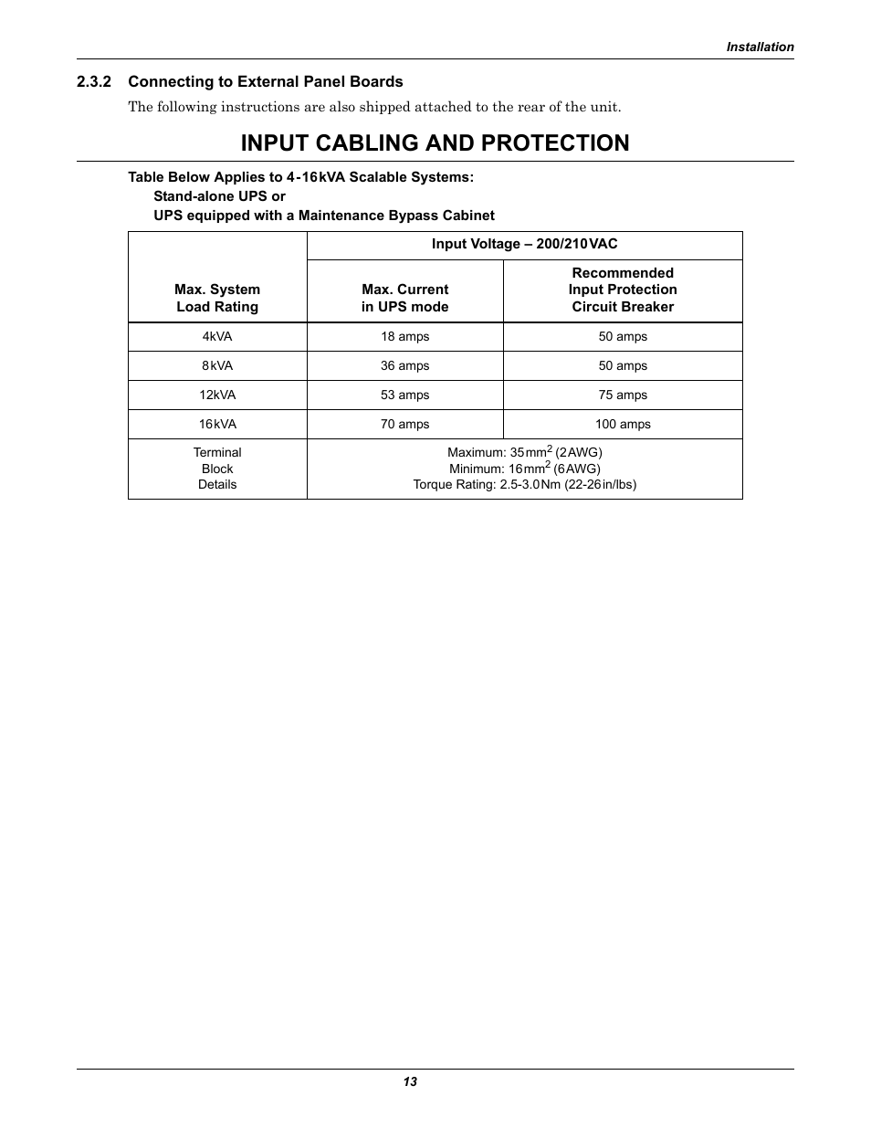 2 connecting to external panel boards, Input cabling and protection | Liebert NfinityTM User Manual | Page 17 / 44
