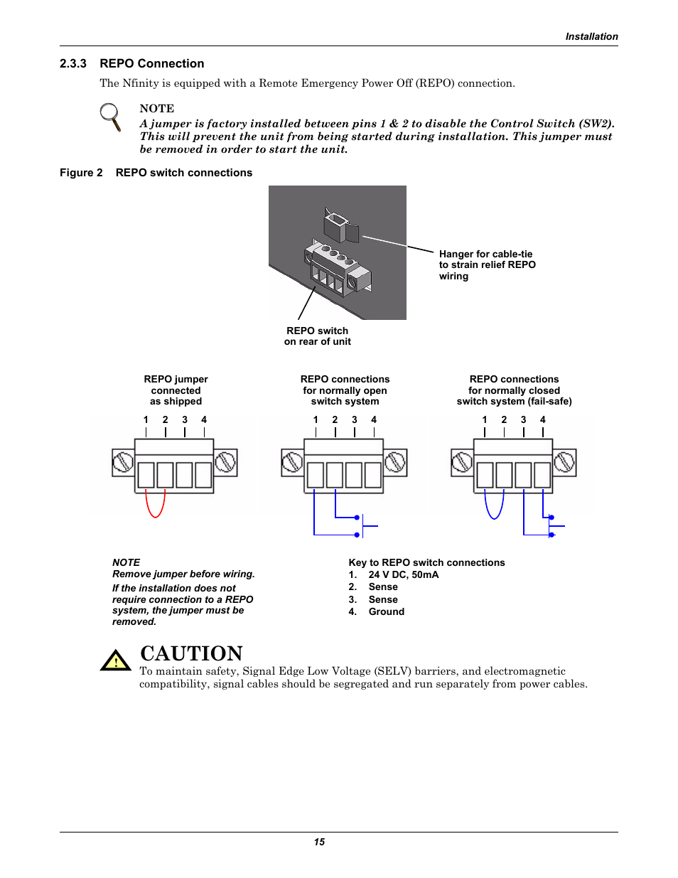 3 repo connection, Figure 2 repo switch connections, Repo connection | Figure 2, Repo switch connections, Caution | Liebert NfinityTM User Manual | Page 19 / 44