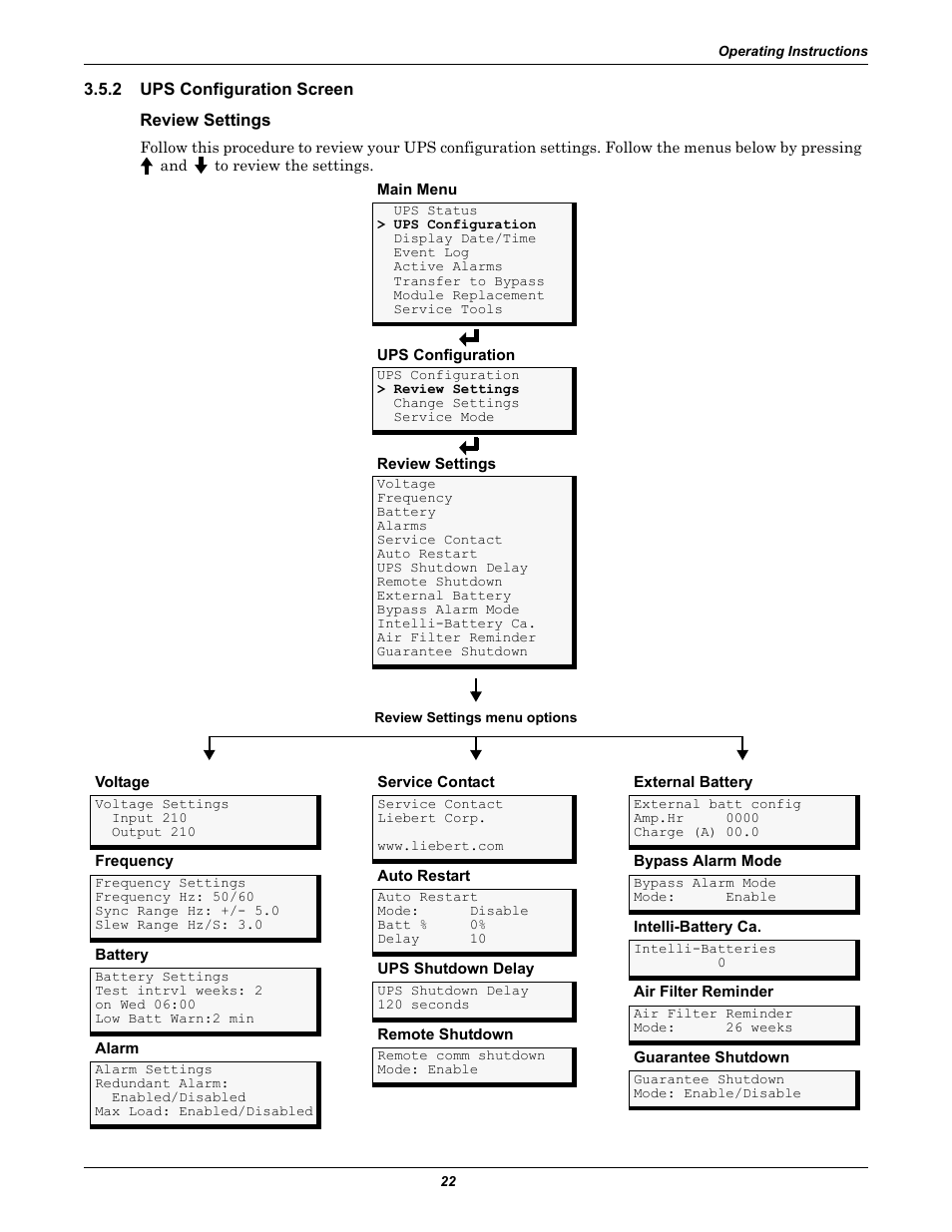 2 ups configuration screen, Review settings, Ups configuration screen | Liebert NfinityTM User Manual | Page 26 / 44