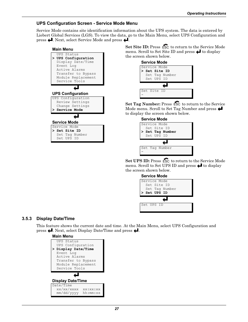 Ups configuration screen - service mode menu, 3 display date/time, Display date/time | Liebert NfinityTM User Manual | Page 31 / 44