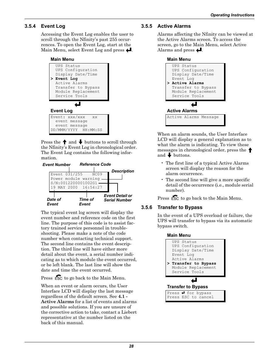 4 event log, 5 active alarms, 6 transfer to bypass | Event log, Active alarms, Transfer to bypass | Liebert NfinityTM User Manual | Page 32 / 44