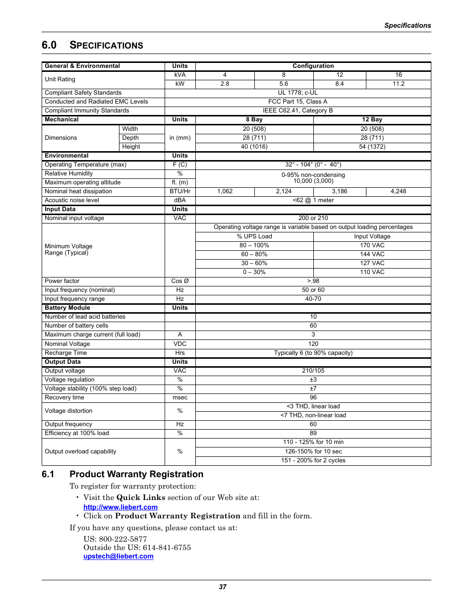 0 specifications, 1 product warranty registration, Pecifications | Product warranty registration | Liebert NfinityTM User Manual | Page 41 / 44