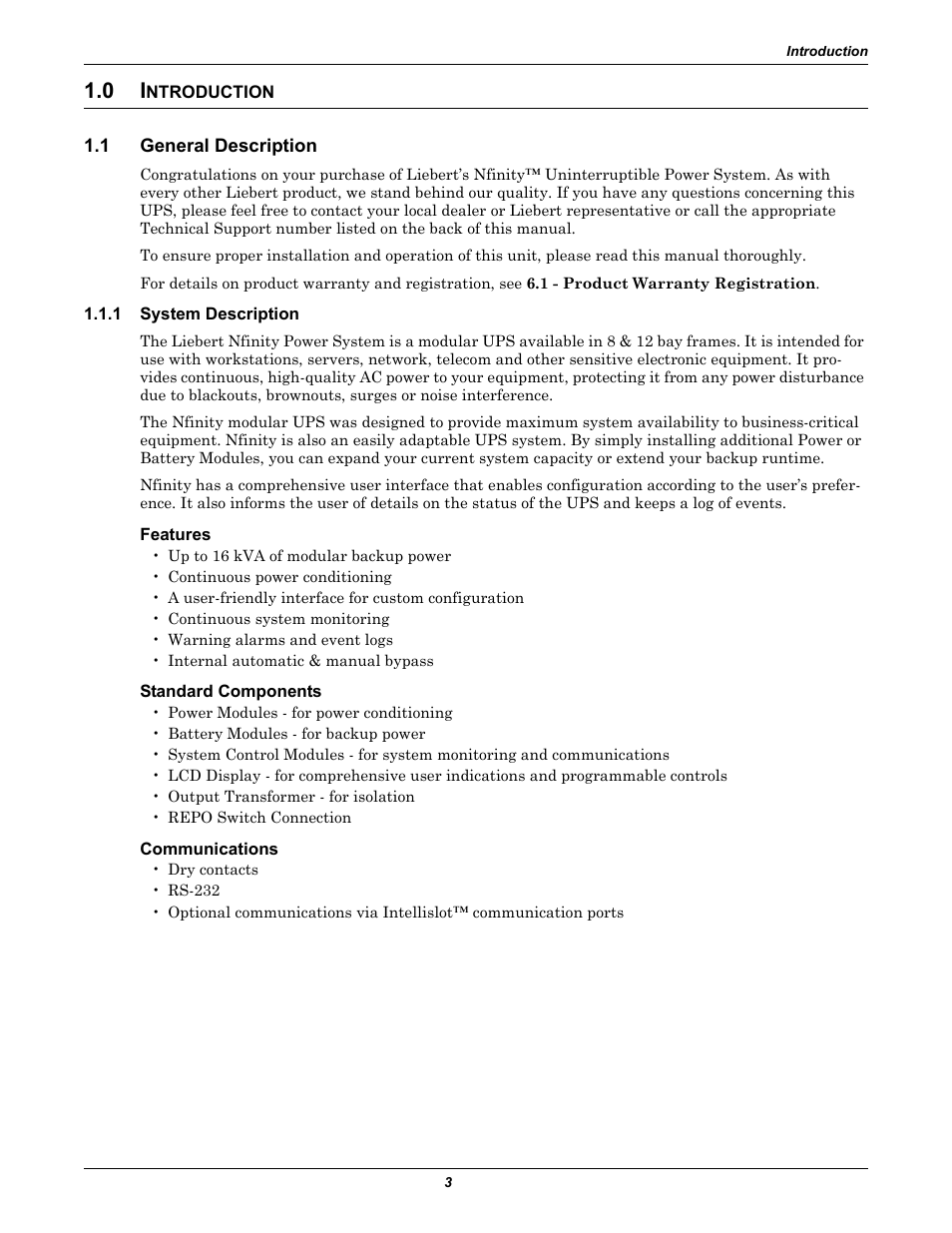 0 introduction, 1 general description, 1 system description | Features, Standard components, Communications, Ntroduction, General description, System description | Liebert NfinityTM User Manual | Page 7 / 44