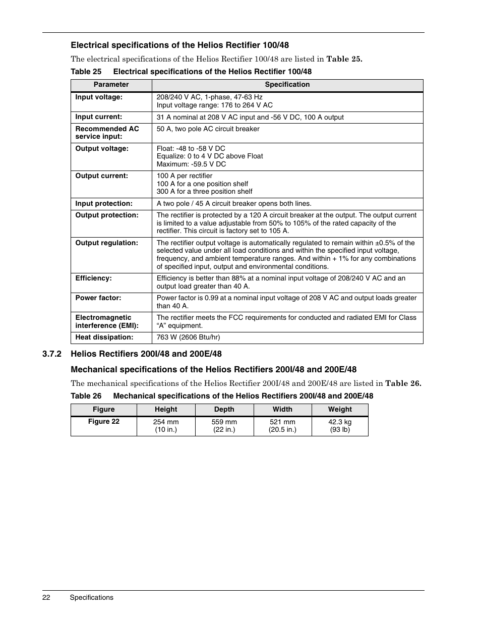 2 helios rectifiers 200i/48 and 200e/48, Helios rectifiers 200i/48 and 200e/48, Table 25 | Table 26 | Liebert 1500 User Manual | Page 28 / 59