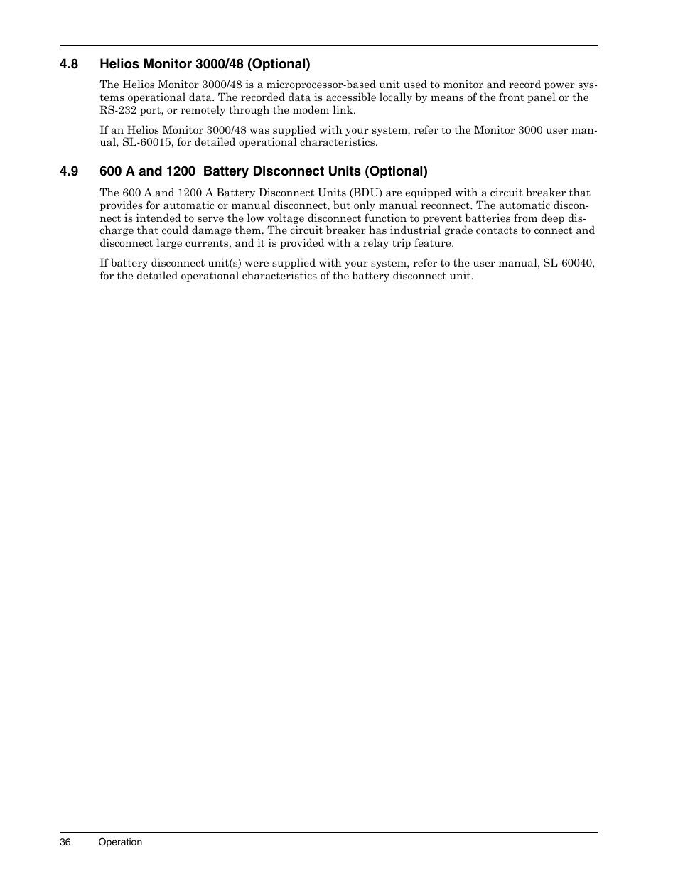 8 helios monitor 3000/48 (optional), Helios monitor 3000/48 (optional), 600 a and 1200 battery disconnect units (optional) | Liebert 1500 User Manual | Page 42 / 59