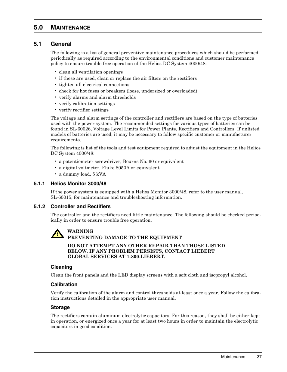 0 maintenance, 1 general, 1 helios monitor 3000/48 | 2 controller and rectifiers, Cleaning, Calibration, Storage, Aintenance, General, Helios monitor 3000/48 | Liebert 1500 User Manual | Page 43 / 59