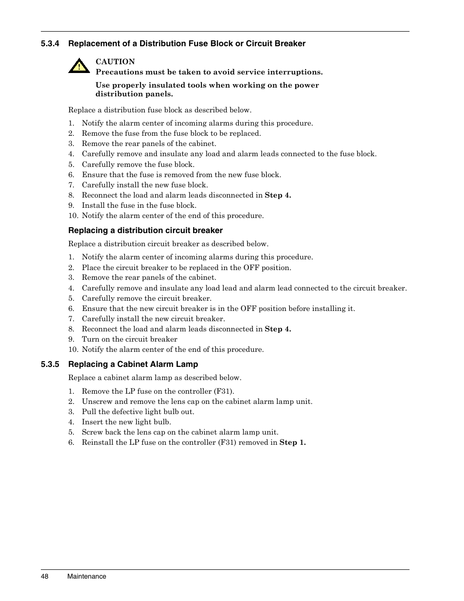 Replacing a distribution circuit breaker, 5 replacing a cabinet alarm lamp, Replacing a cabinet alarm lamp | Liebert 1500 User Manual | Page 54 / 59