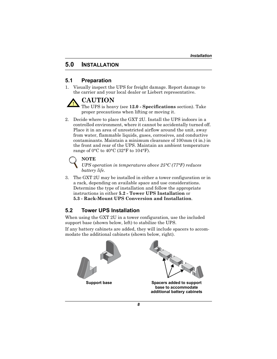 0 installation, 1 preparation, 2 tower ups installation | Nstallation, Preparation, Tower ups installation, Caution | Liebert 230V User Manual | Page 12 / 40