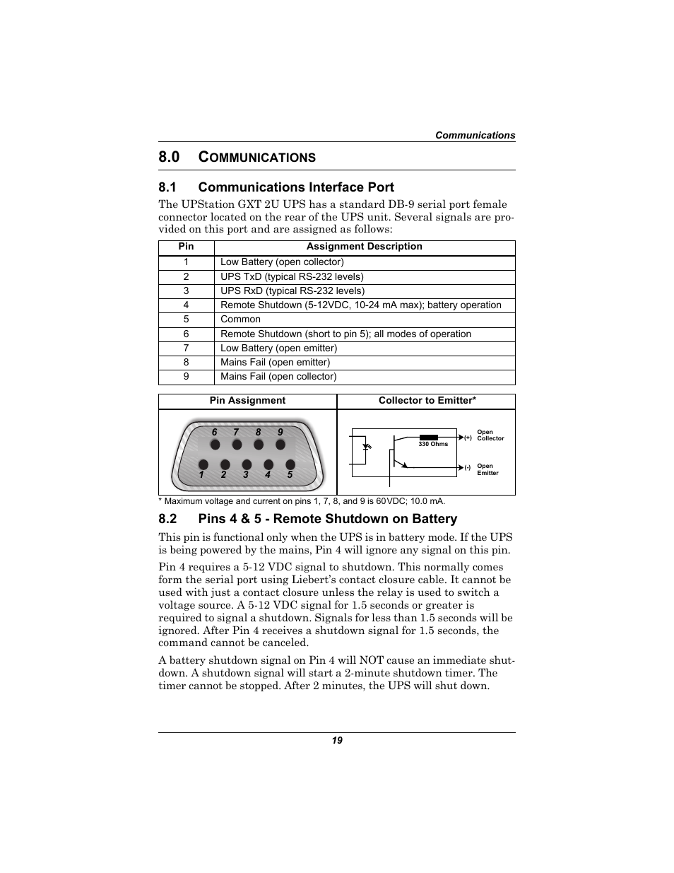 0 communications, 1 communications interface port, 2 pins 4 & 5 - remote shutdown on battery | Ommunications, Communications interface port, Pins 4 & 5 - remote shutdown on battery | Liebert 230V User Manual | Page 23 / 40