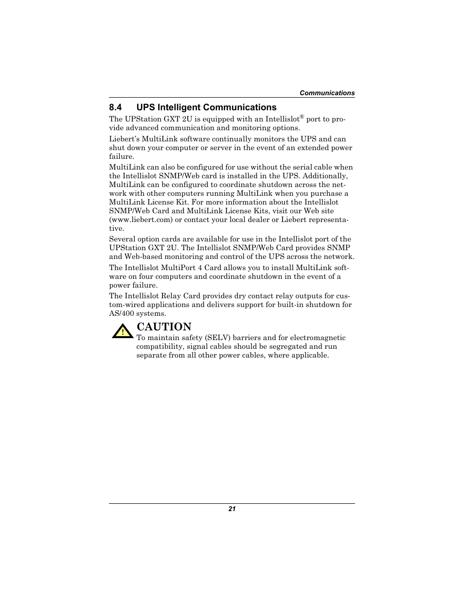 4 ups intelligent communications, Ups intelligent communications, Caution | Liebert 230V User Manual | Page 25 / 40