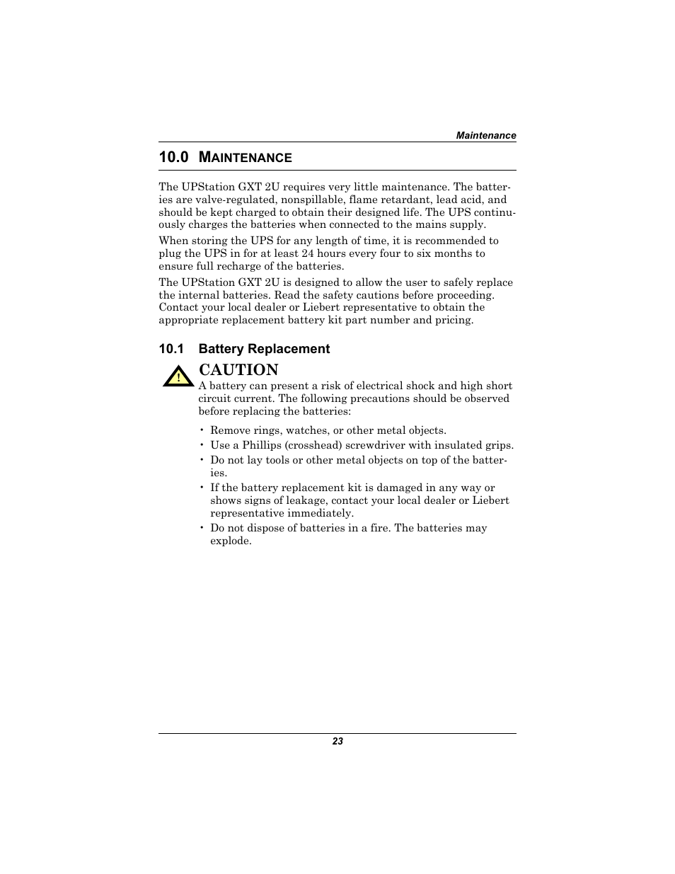 0 maintenance, 1 battery replacement, Aintenance | Battery replacement, Caution | Liebert 230V User Manual | Page 27 / 40