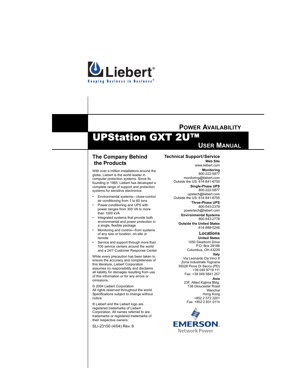 Upstation gxt 2u, The company behind the products, Ower | Vailability, Anual | Liebert 230V User Manual | Page 40 / 40