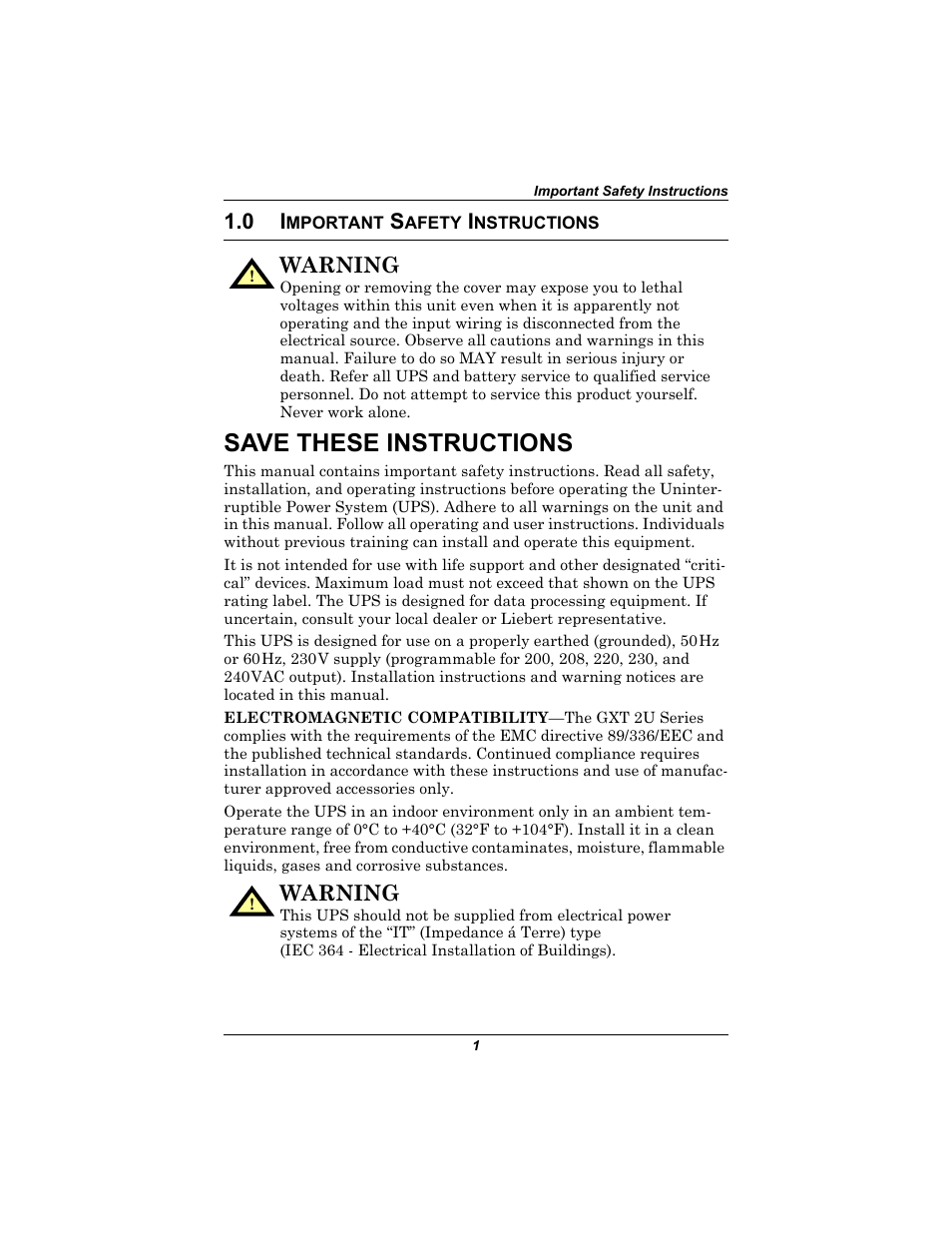 0 important safety instructions, Mportant, Afety | Nstructions, Save these instructions, Warning | Liebert 230V User Manual | Page 5 / 40