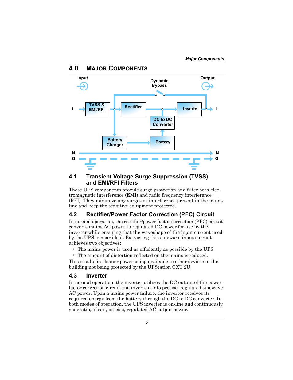 0 major components, 2 rectifier/power factor correction (pfc) circuit, 3 inverter | Ajor, Omponents, Transient voltage surge suppression (tvss), And emi/rfi filters5, Rectifier/power factor correction (pfc) circuit, Inverter | Liebert 230V User Manual | Page 9 / 40