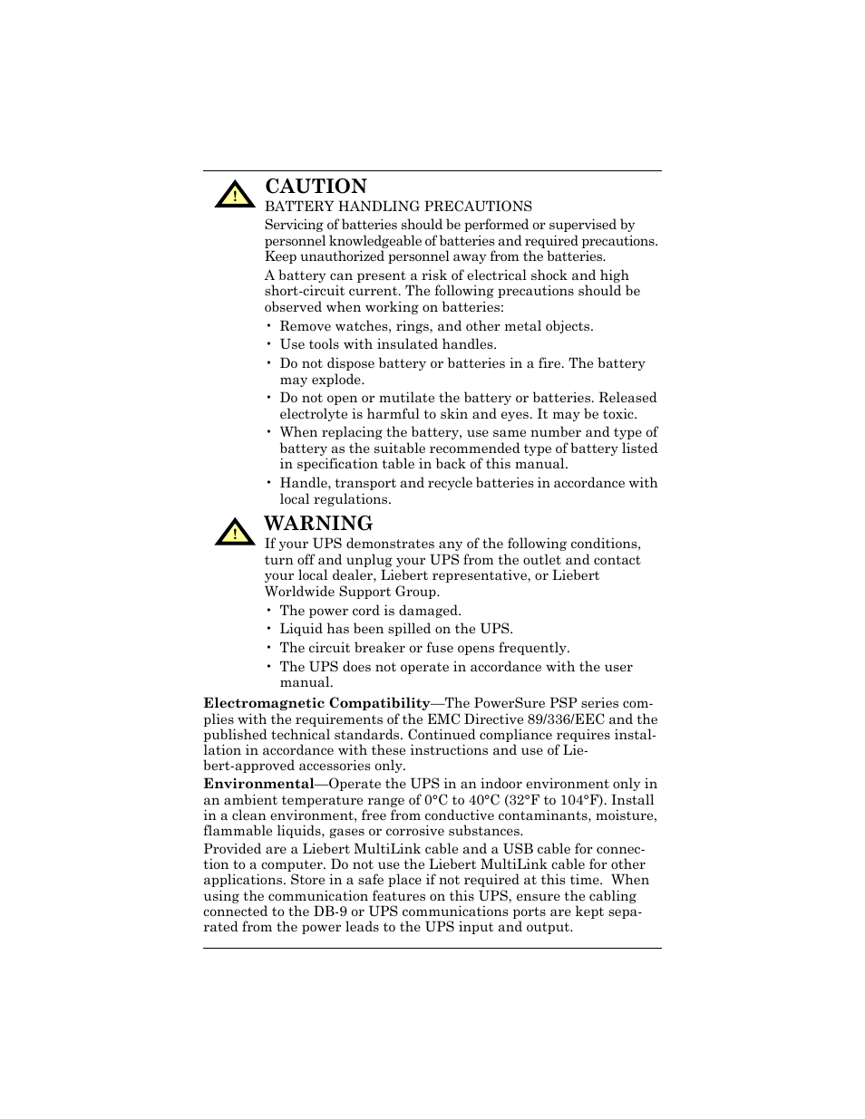 Caution, Warning | Liebert PSP User Manual | Page 7 / 32