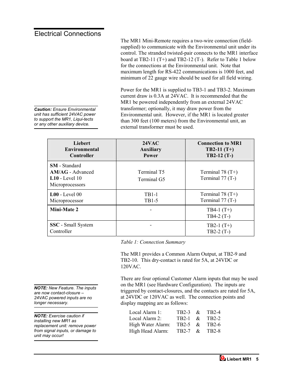 Electrical connections | Liebert MR1 User Manual | Page 10 / 19