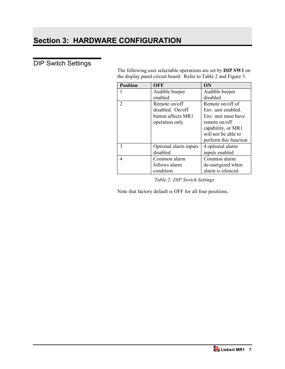 Section 3: hardware configuration, Dip switch settings | Liebert MR1 User Manual | Page 12 / 19