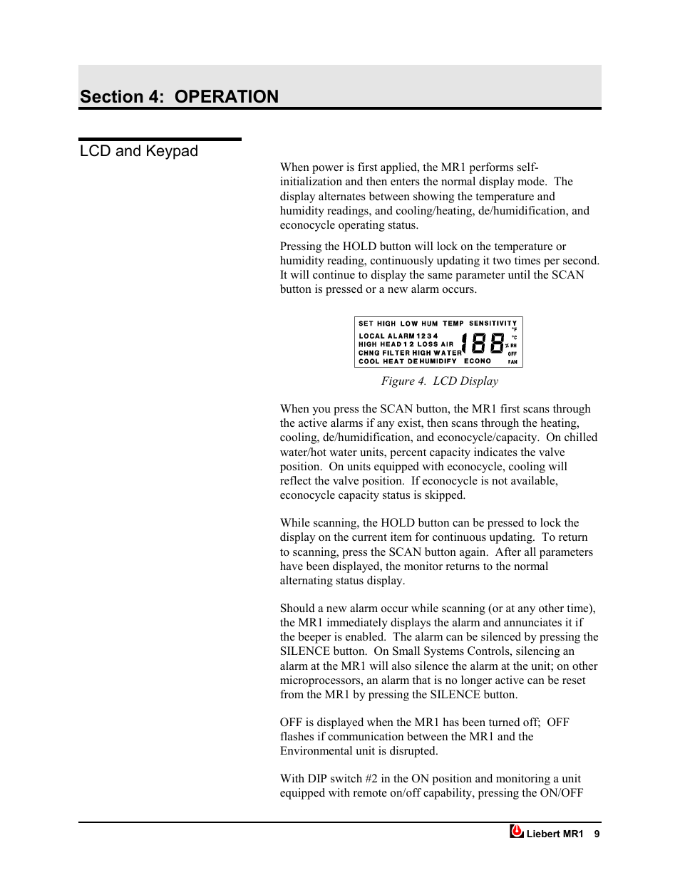 Section 4: operation, Lcd and keypad, Figure 4. lcd display | Liebert MR1 User Manual | Page 14 / 19