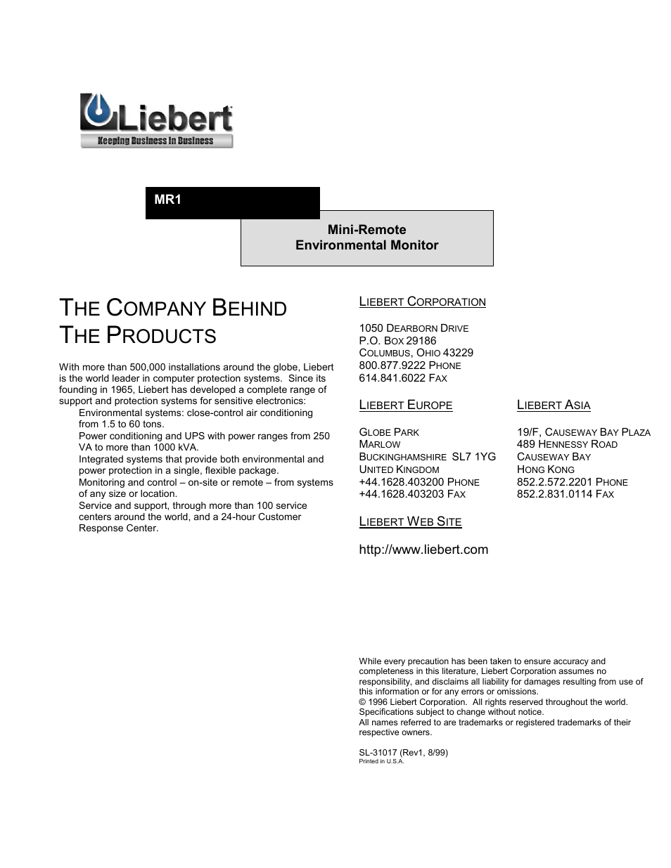 Ompany, Ehind, Roducts | Liebert MR1 User Manual | Page 19 / 19