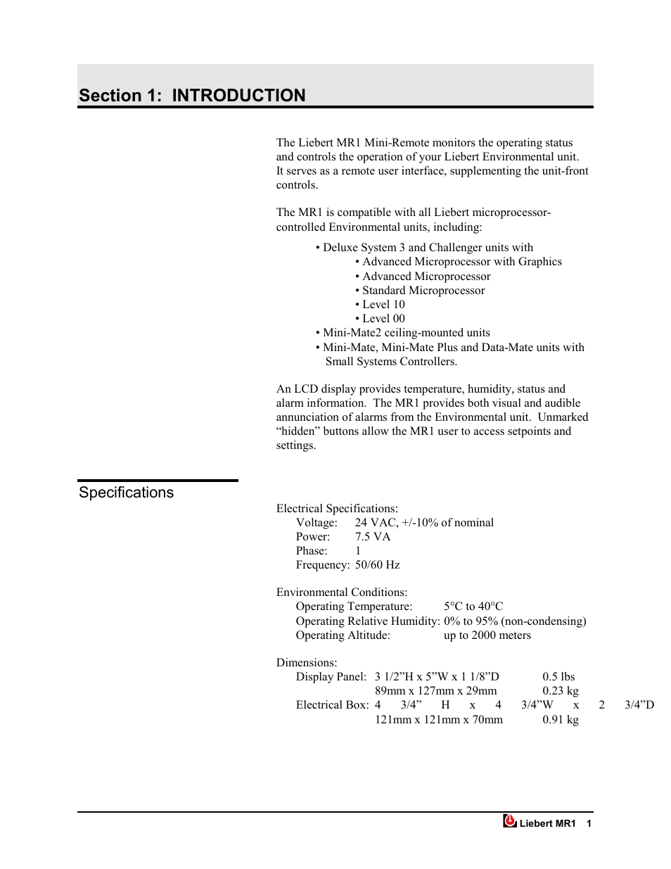 Section 1: introduction, Specifications | Liebert MR1 User Manual | Page 6 / 19