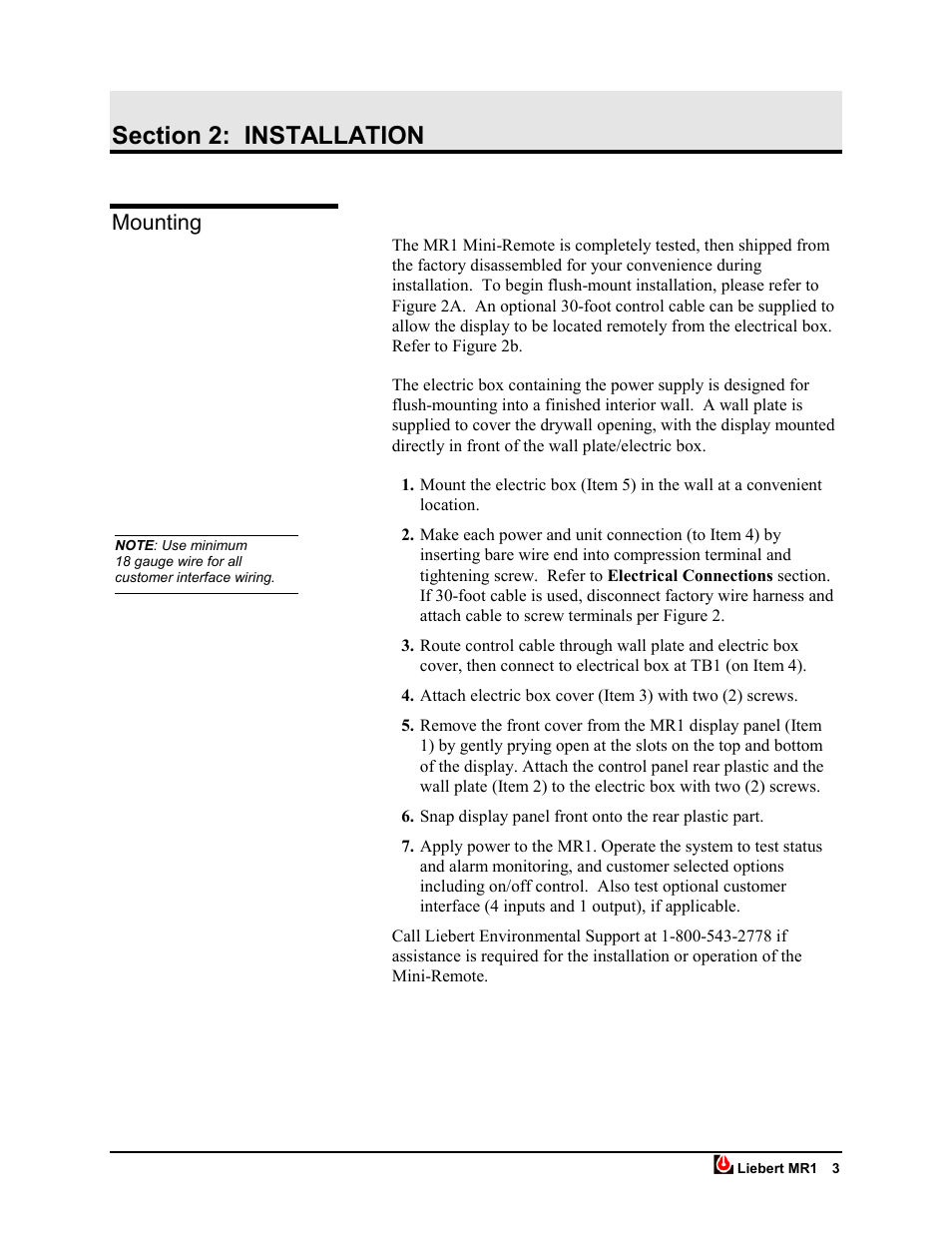 Section 2: installation, Mounting | Liebert MR1 User Manual | Page 8 / 19