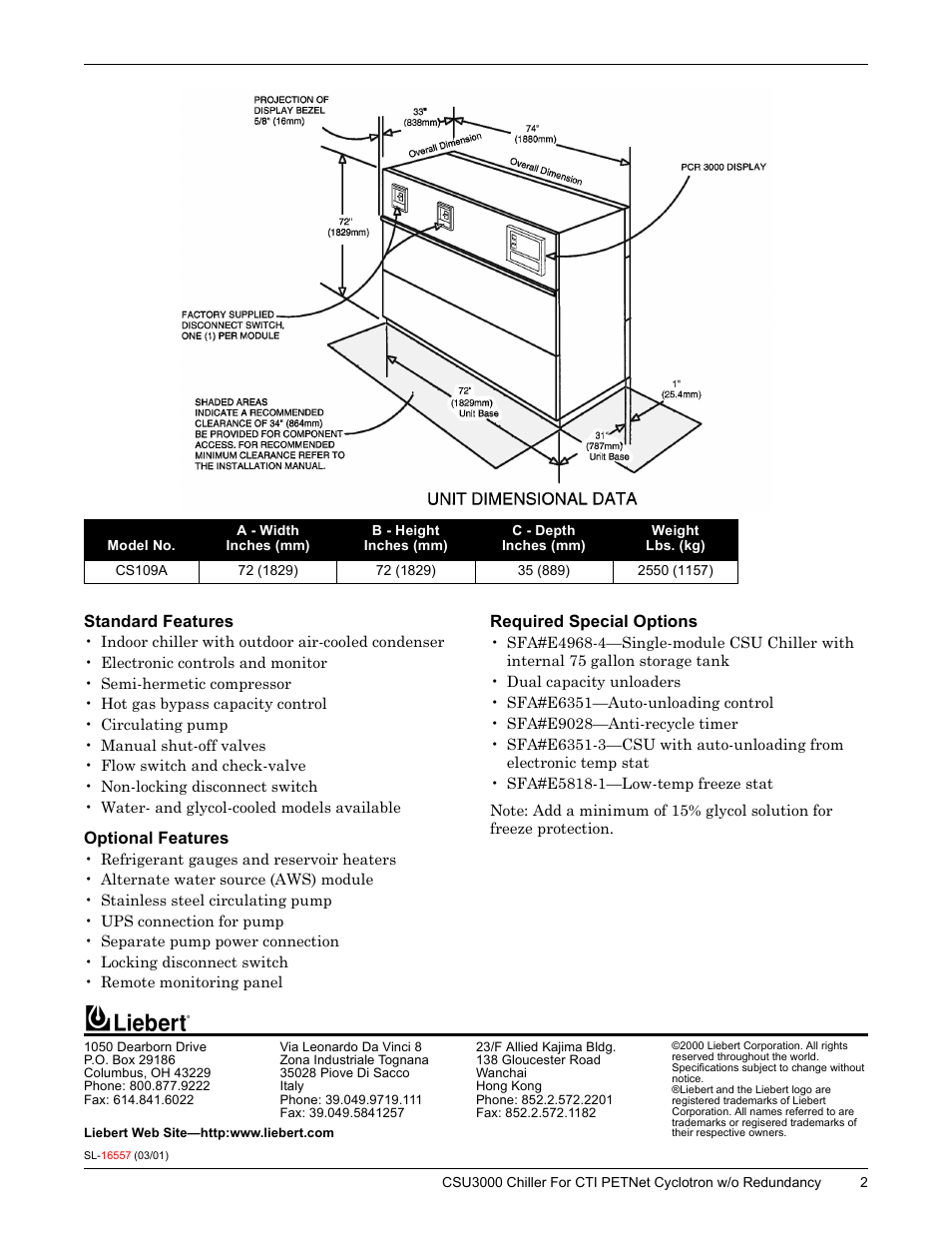 Standard features, Optional features, Required special options | Liebert CSU3000 User Manual | Page 2 / 2