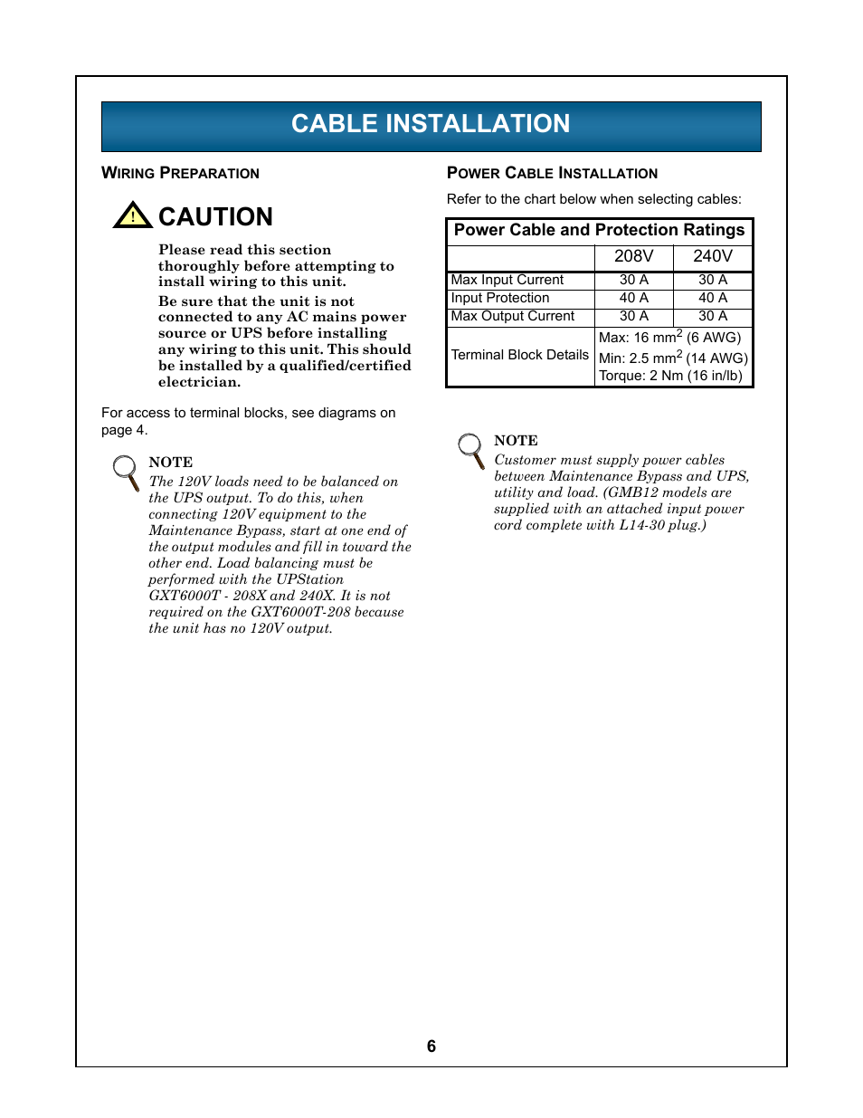 Cable installation, Wiring preparation, Power cable installation | Able, Nstallation, Iring, Reparation, Ower, Caution | Liebert UPStation GXT User Manual | Page 10 / 20