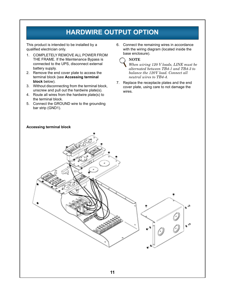 Hardwire output option, Accessing terminal block, Ardwire | Utput, Ption | Liebert UPStation GXT User Manual | Page 15 / 20