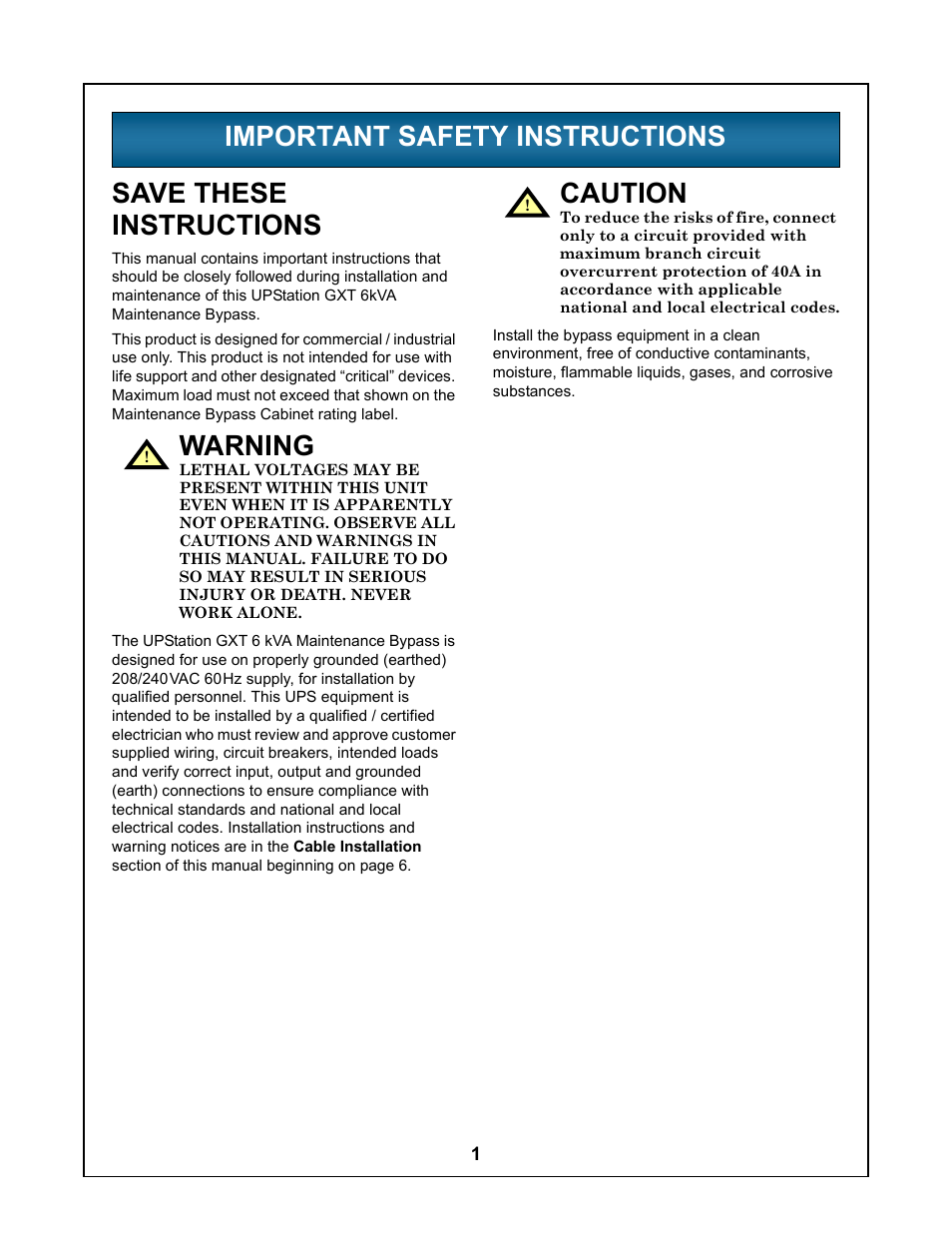 Important safety instructions, Mportant, Afety | Nstructions, Warning, Caution | Liebert UPStation GXT User Manual | Page 5 / 20