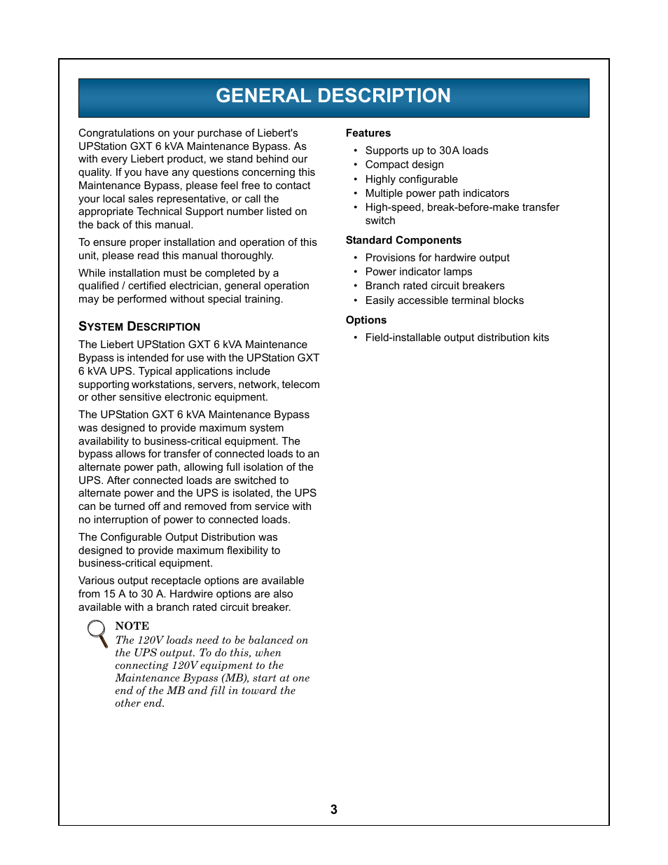 General description, System description, Features | Standard components, Options, Eneral, Escription, Ystem, Features standard components options | Liebert UPStation GXT User Manual | Page 7 / 20