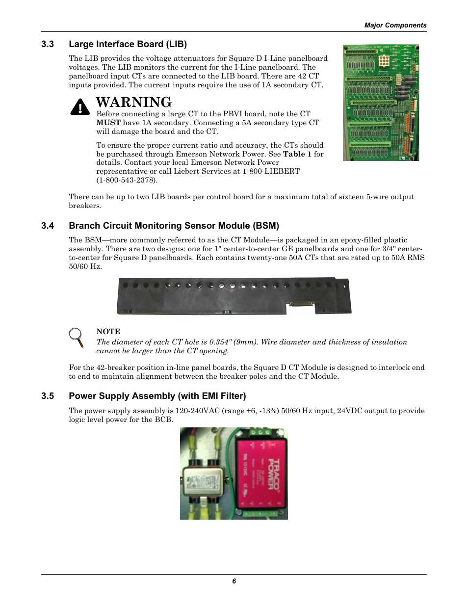 3 large interface board (lib), 4 branch circuit monitoring sensor module (bsm), 5 power supply assembly (with emi filter) | Large interface board (lib), Branch circuit monitoring sensor module (bsm), Power supply assembly (with emi filter), Warning | Liebert Distribution Monitoring LDM User Manual | Page 10 / 40