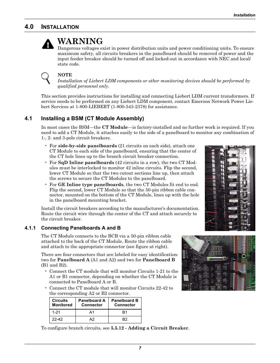 0 installation, 1 installing a bsm (ct module assembly), 1 connecting panelboards a and b | Nstallation, Installing a bsm (ct module assembly), Connecting panelboards a and b, Warning | Liebert Distribution Monitoring LDM User Manual | Page 11 / 40