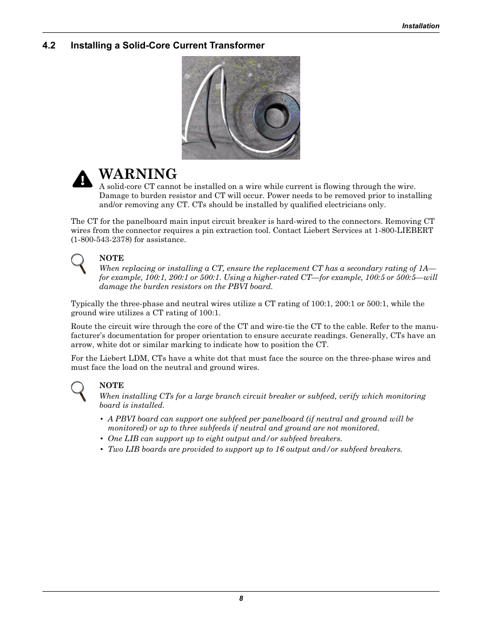 2 installing a solid-core current transformer, Installing a solid-core current transformer, Warning | Liebert Distribution Monitoring LDM User Manual | Page 12 / 40