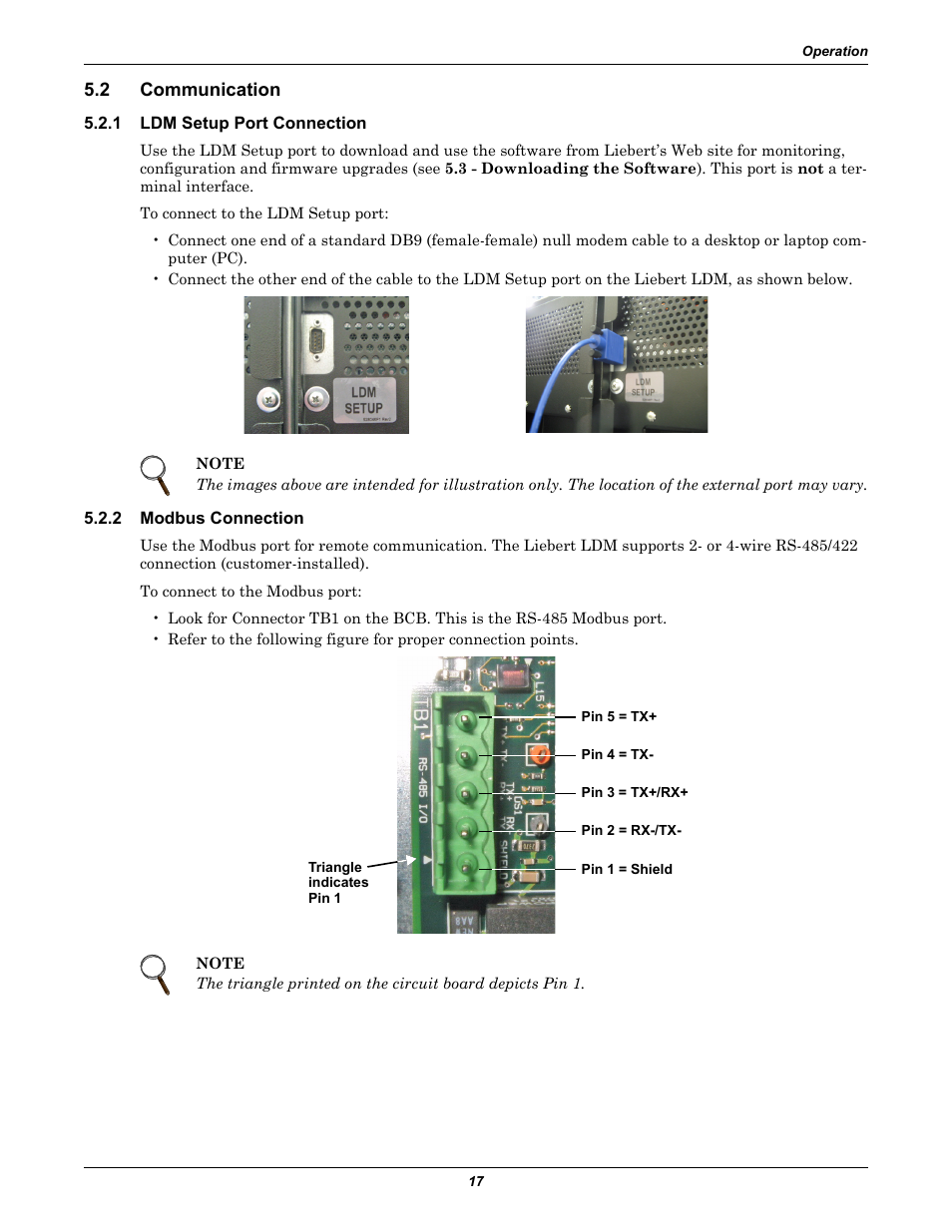 2 communication, 1 ldm setup port connection, 2 modbus connection | Communication, Ldm setup port connection, Modbus connection | Liebert Distribution Monitoring LDM User Manual | Page 21 / 40