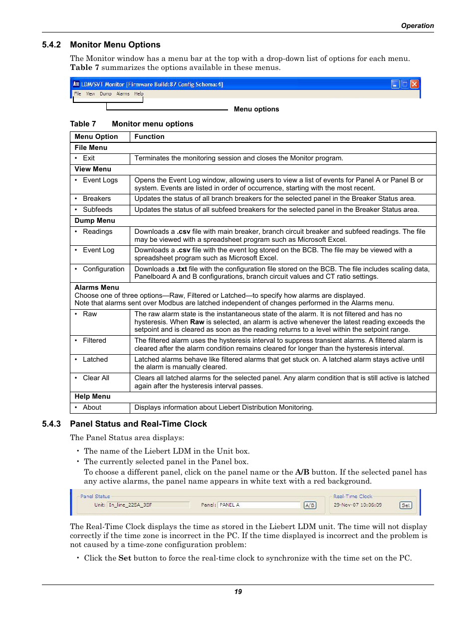 2 monitor menu options, Table 7 monitor menu options, 3 panel status and real-time clock | Monitor menu options, Panel status and real-time clock, Table 7 | Liebert Distribution Monitoring LDM User Manual | Page 23 / 40