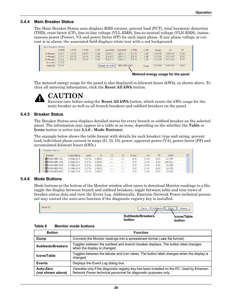 4 main breaker status, 5 breaker status, 6 mode buttons | Table 8 monitor mode buttons, Main breaker status, Breaker status, Mode buttons, Table 8, Monitor mode buttons, Caution | Liebert Distribution Monitoring LDM User Manual | Page 24 / 40