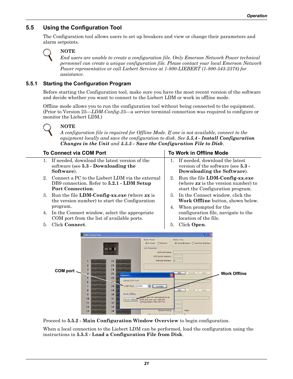 5 using the configuration tool, 1 starting the configuration program, To connect via com port | To work in offline mode, Using the configuration tool, Starting the configuration program, 5 - using the configuration tool | Liebert Distribution Monitoring LDM User Manual | Page 25 / 40