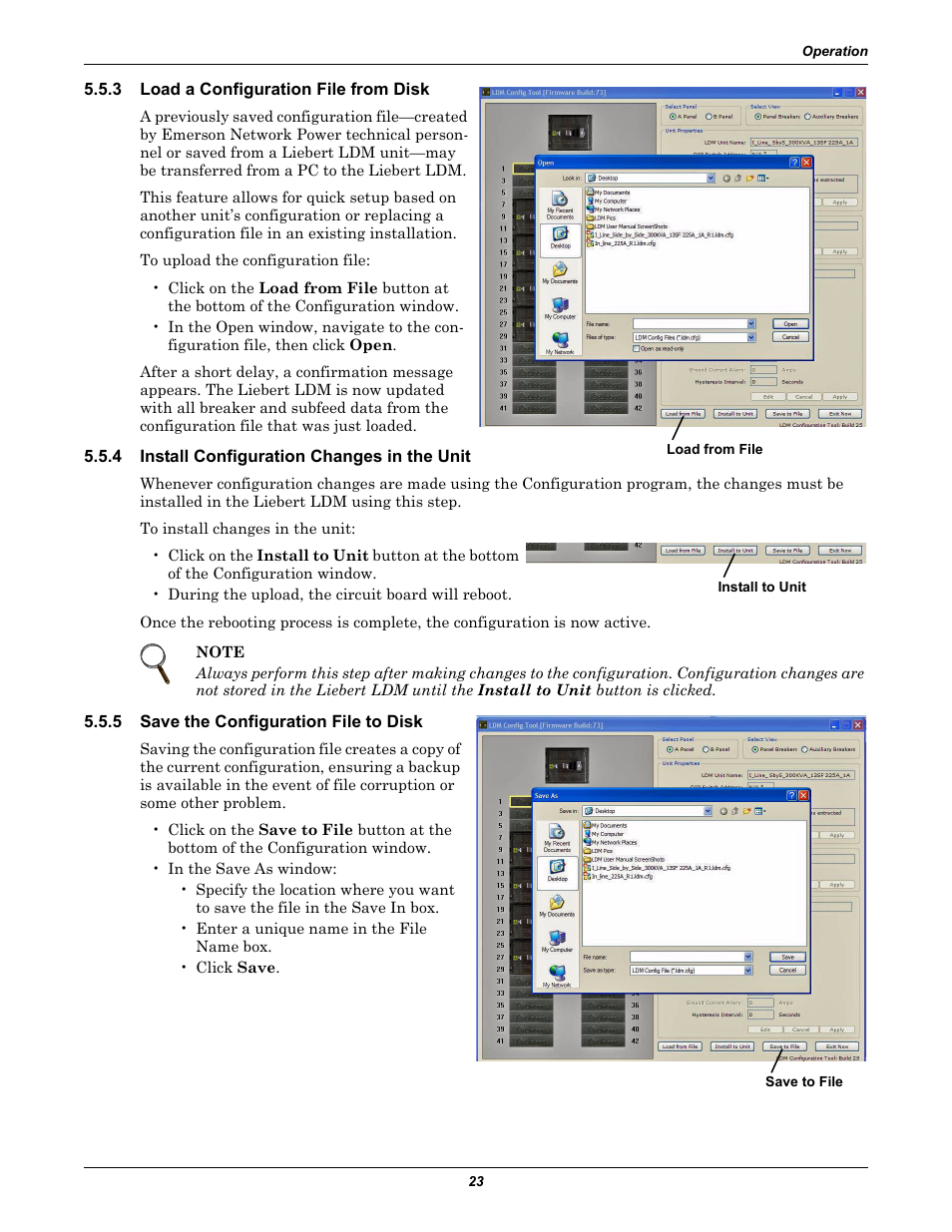 3 load a configuration file from disk, 4 install configuration changes in the unit, 5 save the configuration file to disk | Load a configuration file from disk, Install configuration changes in the unit, Save the configuration file to disk, 3 - load a configuration file from disk, 4 - install configuration, Changes in the unit, 5 - save the configuration file to disk | Liebert Distribution Monitoring LDM User Manual | Page 27 / 40