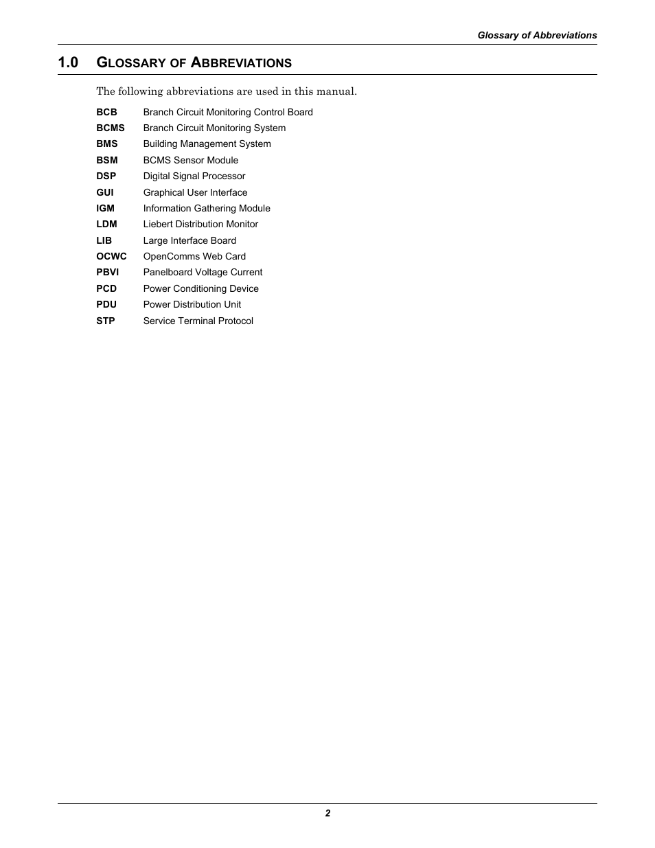 0 glossary of abbreviations, Lossary, Bbreviations | Liebert Distribution Monitoring LDM User Manual | Page 6 / 40