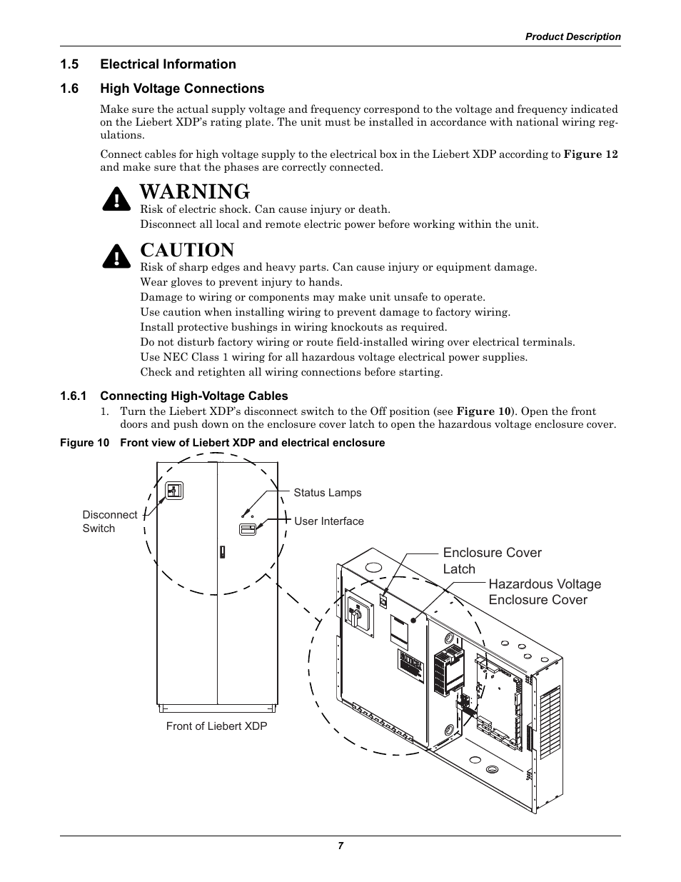 5 electrical information, 6 high voltage connections, 1 connecting high-voltage cables | Electrical information, High voltage connections, Connecting high-voltage cables, Warning, Caution | Liebert Refrigerant Distribution Unit XDP User Manual | Page 13 / 40