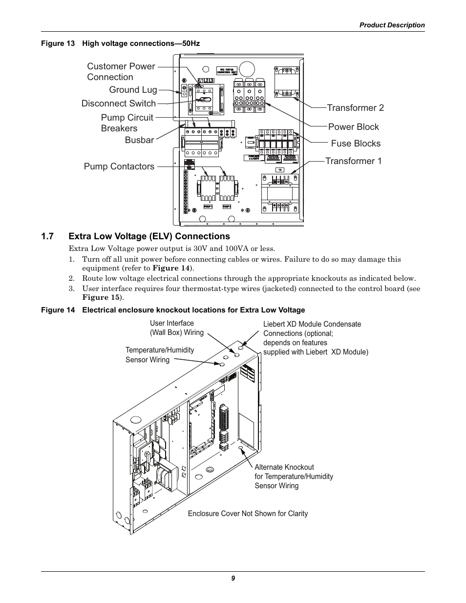 Figure 13 high voltage connections—50hz, 7 extra low voltage (elv) connections, Extra low voltage (elv) connections | 13 ). o | Liebert Refrigerant Distribution Unit XDP User Manual | Page 15 / 40