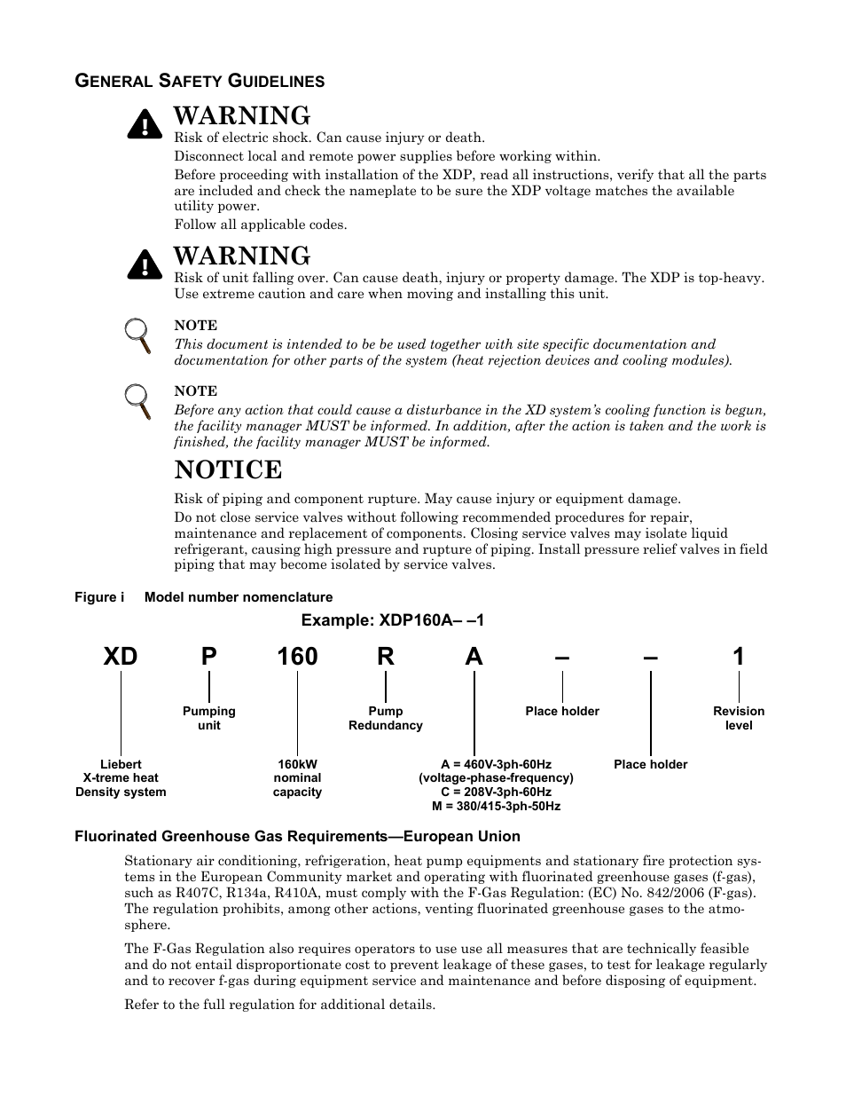 General safety guidelines, Figure i model number nomenclature, Notice | Warning, Xd p 160 – 1 | Liebert Refrigerant Distribution Unit XDP User Manual | Page 2 / 40