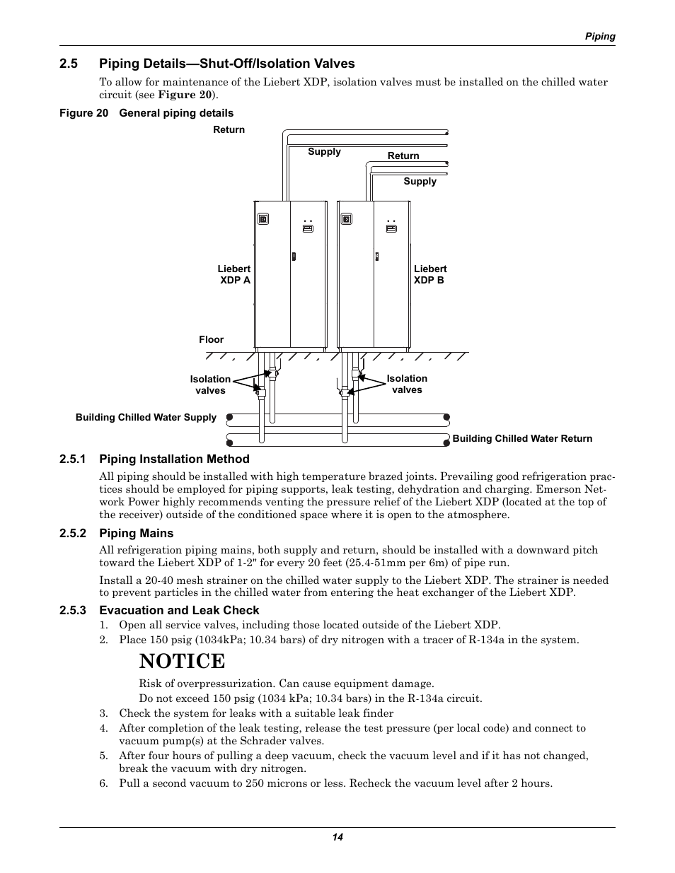 5 piping details—shut-off/isolation valves, Figure 20 general piping details, 1 piping installation method | 2 piping mains, 3 evacuation and leak check, Piping details—shut-off/isolation valves, Piping installation method, Piping mains, Evacuation and leak check, Notice | Liebert Refrigerant Distribution Unit XDP User Manual | Page 20 / 40
