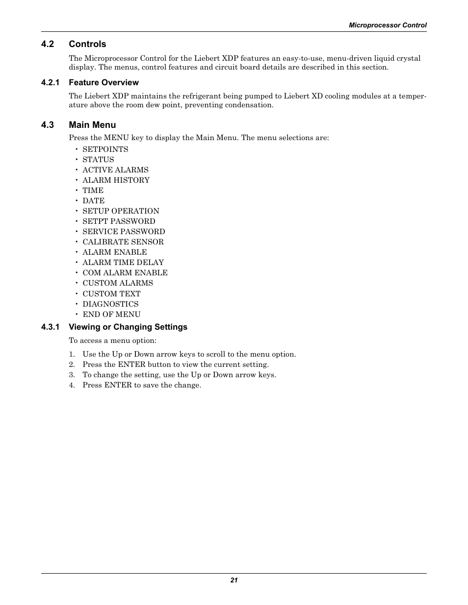 2 controls, 1 feature overview, 3 main menu | 1 viewing or changing settings, Controls, Feature overview, Main menu, Viewing or changing settings | Liebert Refrigerant Distribution Unit XDP User Manual | Page 27 / 40