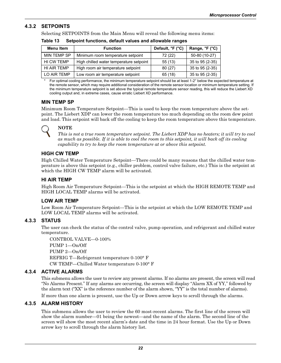 2 setpoints, Min temp sp, High cw temp | Hi air temp, Low air temp, 3 status, 4 active alarms, 5 alarm history, Setpoints, Status | Liebert Refrigerant Distribution Unit XDP User Manual | Page 28 / 40