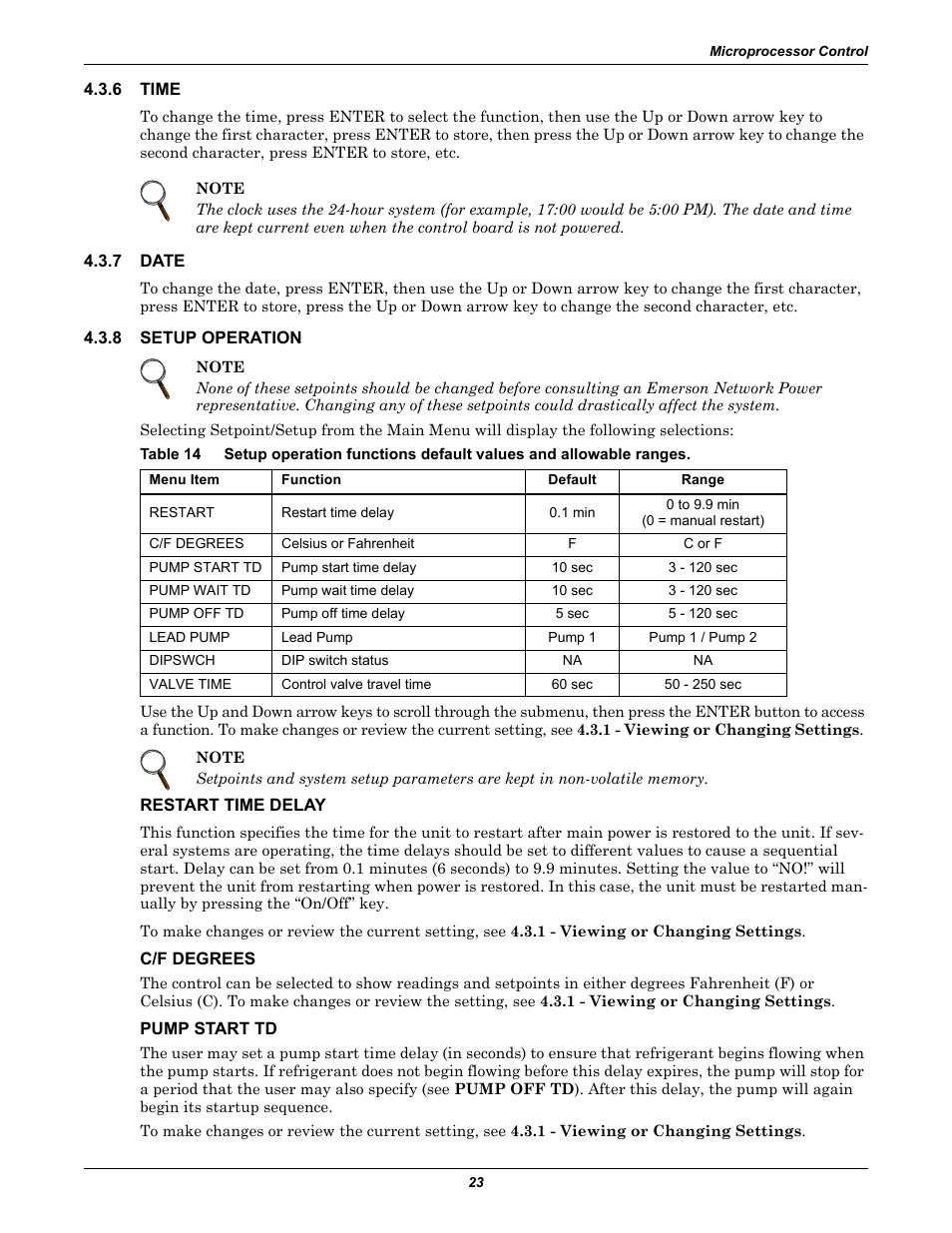6 time, 7 date, 8 setup operation | Restart time delay, C/f degrees, Pump start td, Time, Date, Setup operation, Table 14 | Liebert Refrigerant Distribution Unit XDP User Manual | Page 29 / 40