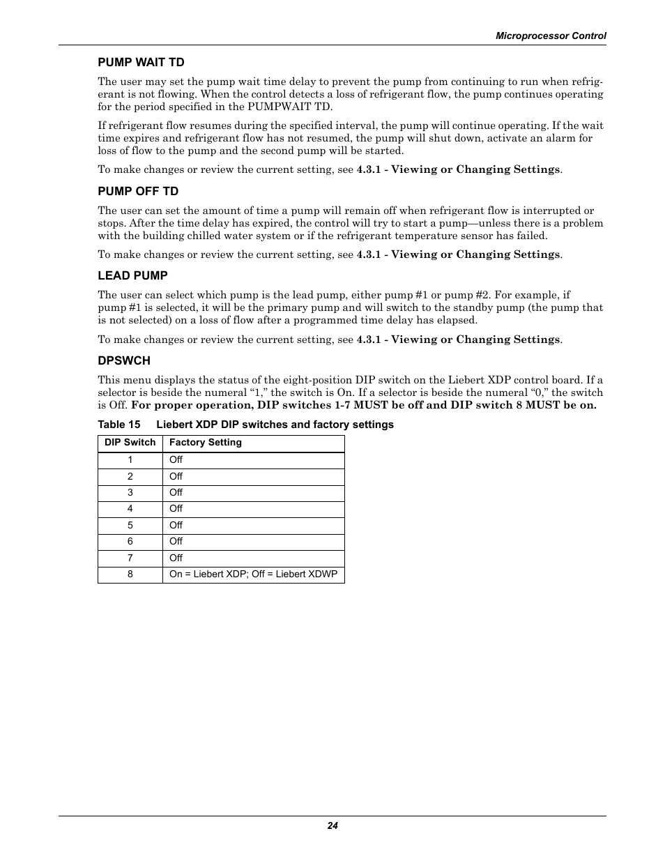 Pump wait td, Pump off td, Lead pump | Dpswch, Table 15, Liebert xdp dip switches and factory settings | Liebert Refrigerant Distribution Unit XDP User Manual | Page 30 / 40