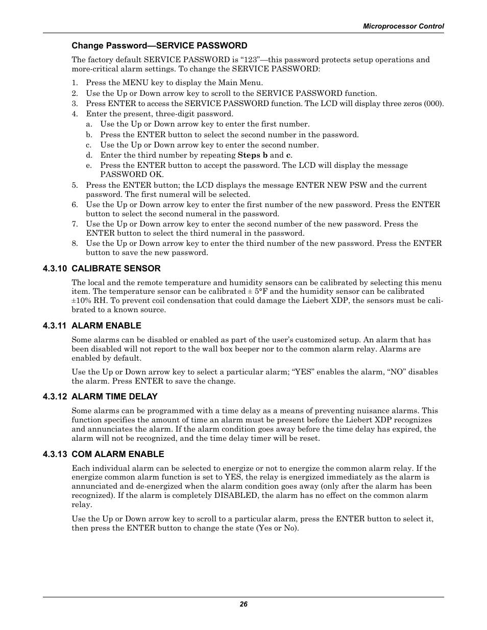 Change password—service password, 10 calibrate sensor, 11 alarm enable | 12 alarm time delay, 13 com alarm enable | Liebert Refrigerant Distribution Unit XDP User Manual | Page 32 / 40