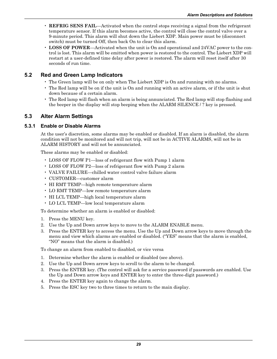 2 red and green lamp indicators, 3 alter alarm settings, 1 enable or disable alarms | Red and green lamp indicators, Alter alarm settings, Enable or disable alarms | Liebert Refrigerant Distribution Unit XDP User Manual | Page 35 / 40